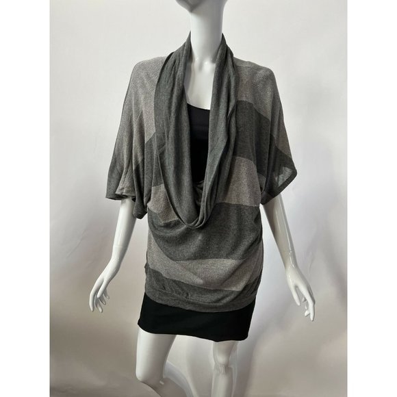 Splendid Womens Tunic Sweater Gray Stripe Short Sleeve Drape Neck Tight Knit M - Picture 1 of 12